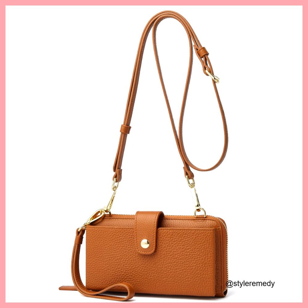 Genuine Leather Crossbody Cellphone Bag with RFID Wallet and Detachable Straps
